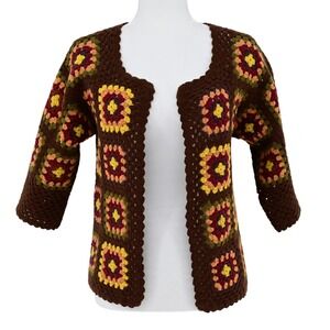 Vintage Handmade Crochet Granny Square Cardigan Wool Patchwork Boho Cottagecore